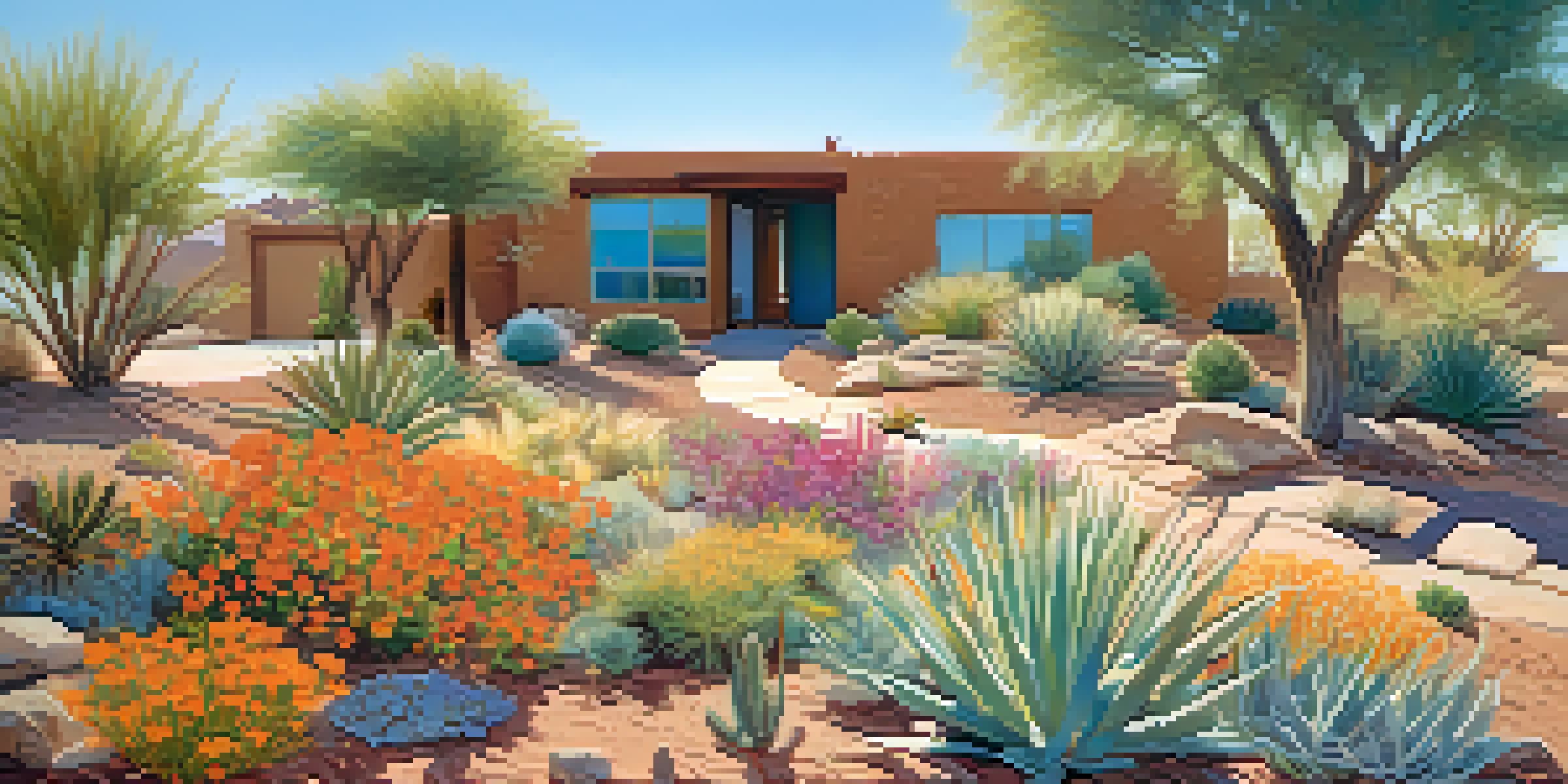 A colorful garden in Phoenix with various desert plants and a layer of organic mulch, under a clear blue sky.