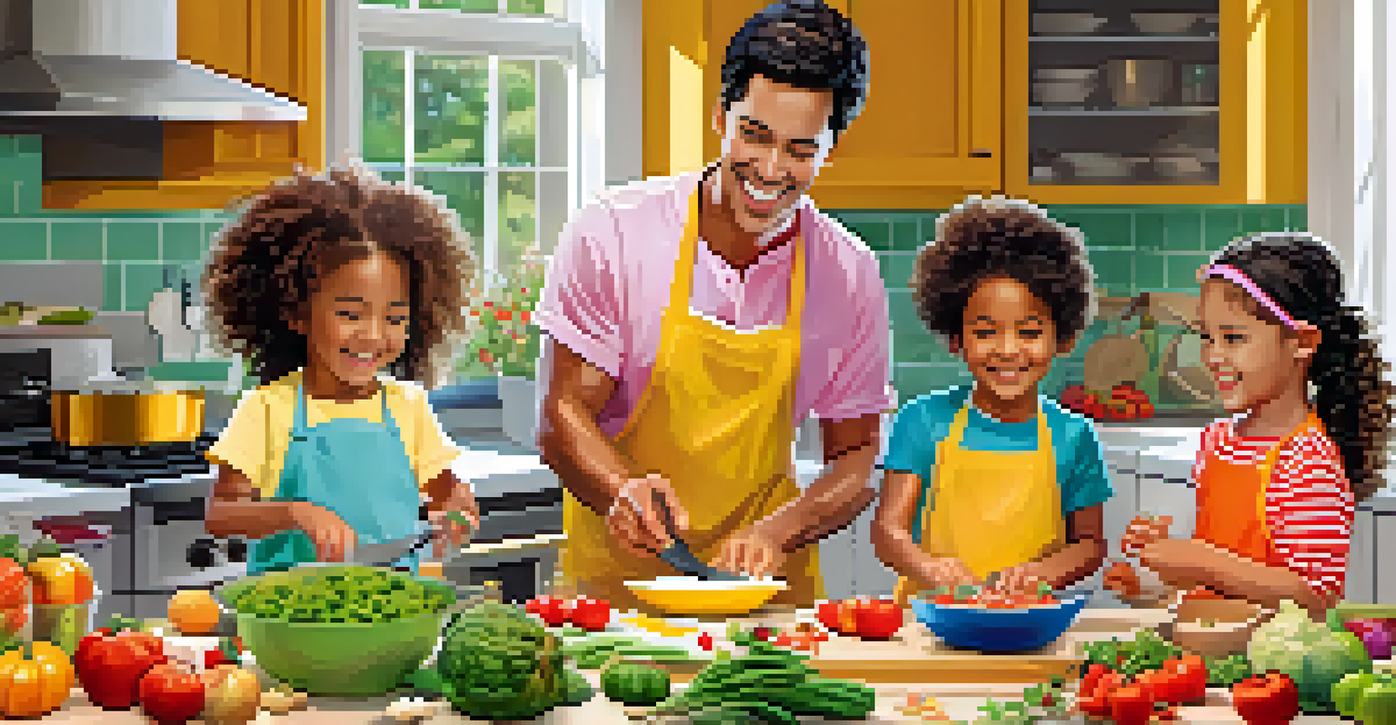 A family cooking class featuring parents and children working together to prepare healthy recipes in a bright kitchen.