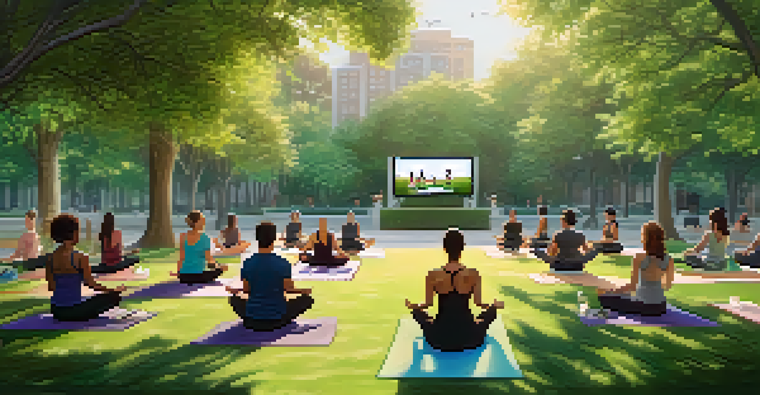 A fitness instructor conducting a virtual yoga class in a park, with participants displayed on screens in a serene outdoor environment.