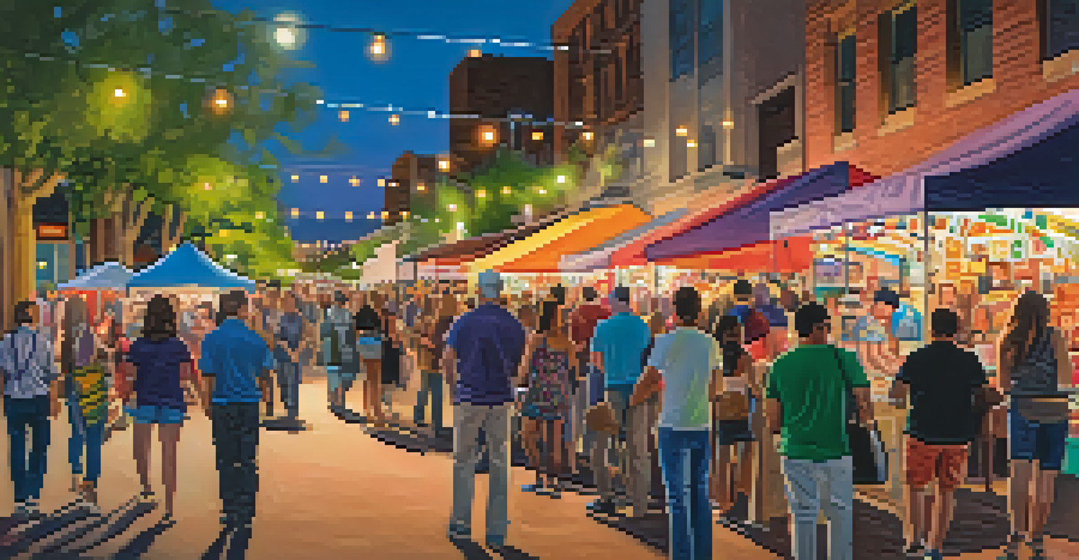 A vibrant First Friday Art Walk in downtown Phoenix with people enjoying art installations and food vendors in a festive atmosphere.
