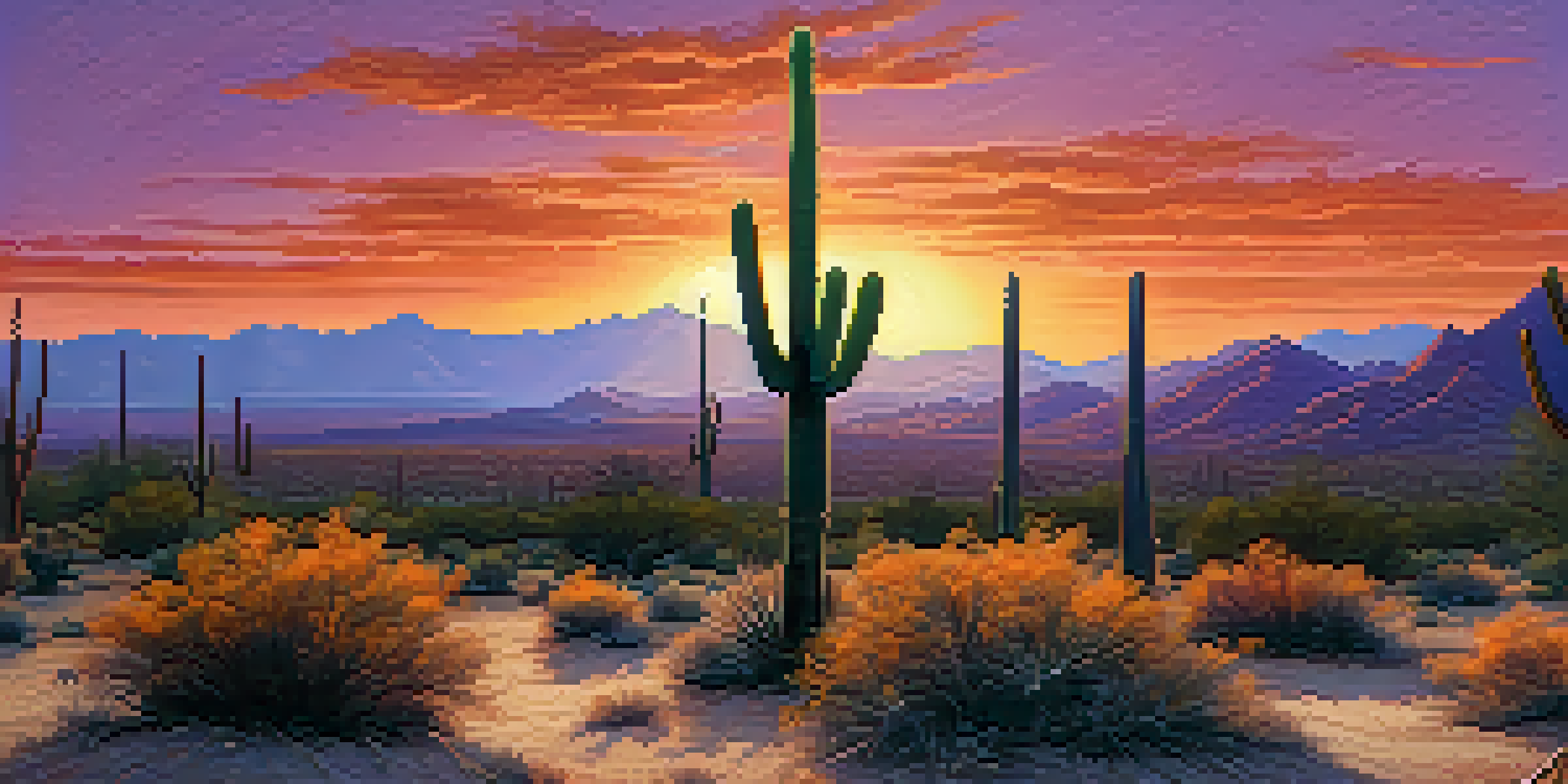 A beautiful sunset in the Sonoran Desert with saguaro cacti and a colorful sky.