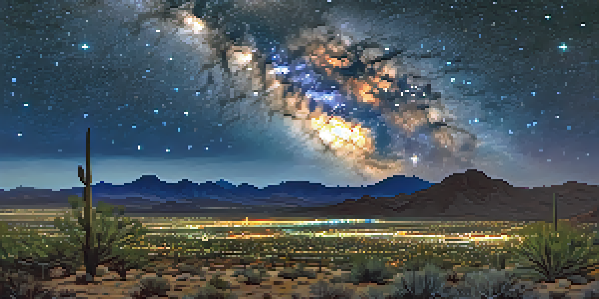 A stunning night sky filled with stars and the Milky Way over Phoenix, Arizona, with dark mountain silhouettes in the foreground.