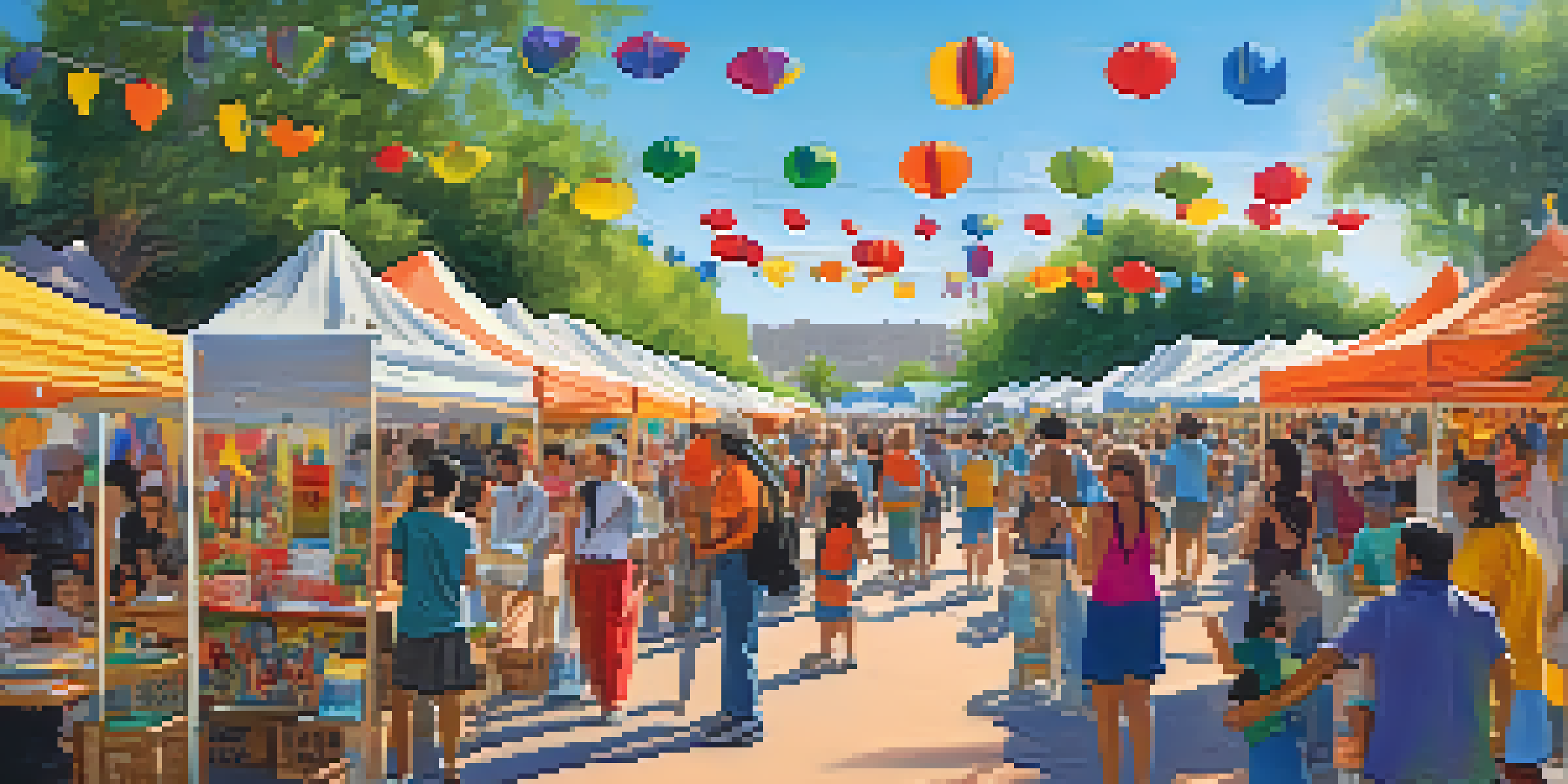 A lively festival atmosphere with colorful art displays, local artisans, and families enjoying performances under a bright blue sky.
