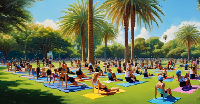 A diverse group of people participating in an outdoor fitness class in a sunny park in Phoenix, surrounded by palm trees and blue skies.