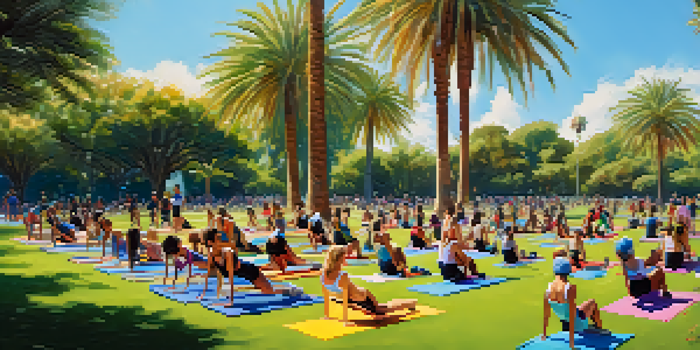 A diverse group of people participating in an outdoor fitness class in a sunny park in Phoenix, surrounded by palm trees and blue skies.