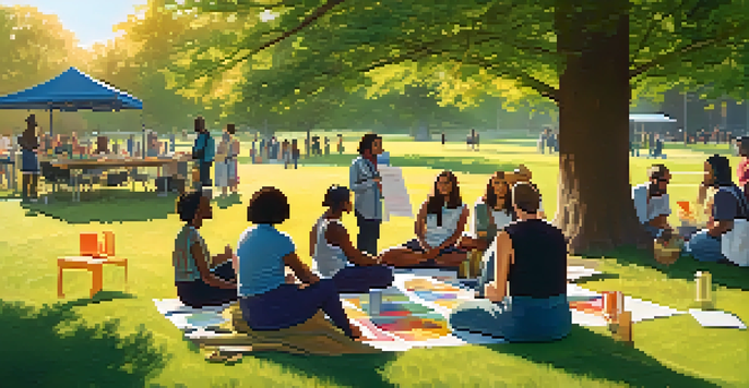 A diverse group of people sitting in a circle on grass at a community workshop, illuminated by warm sunlight, with colorful banners and a table of resources in the background.