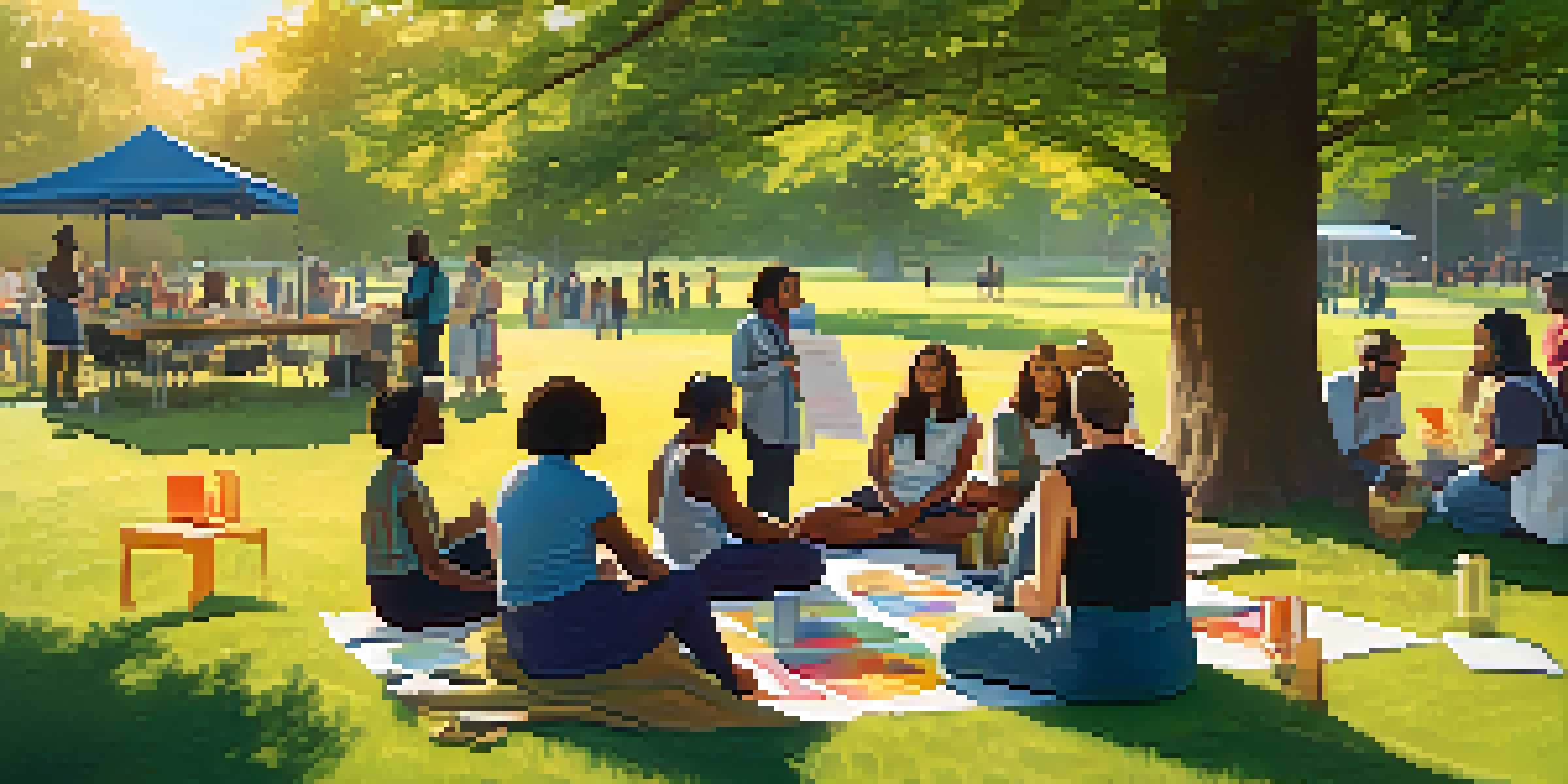 A diverse group of people sitting in a circle on grass at a community workshop, illuminated by warm sunlight, with colorful banners and a table of resources in the background.