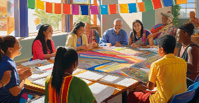 A group of adults from different cultures engaging in a language workshop, with colorful decorations and sunlight streaming through the windows.
