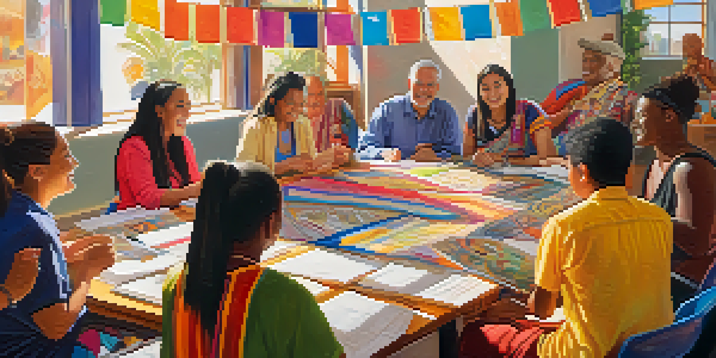 A group of adults from different cultures engaging in a language workshop, with colorful decorations and sunlight streaming through the windows.