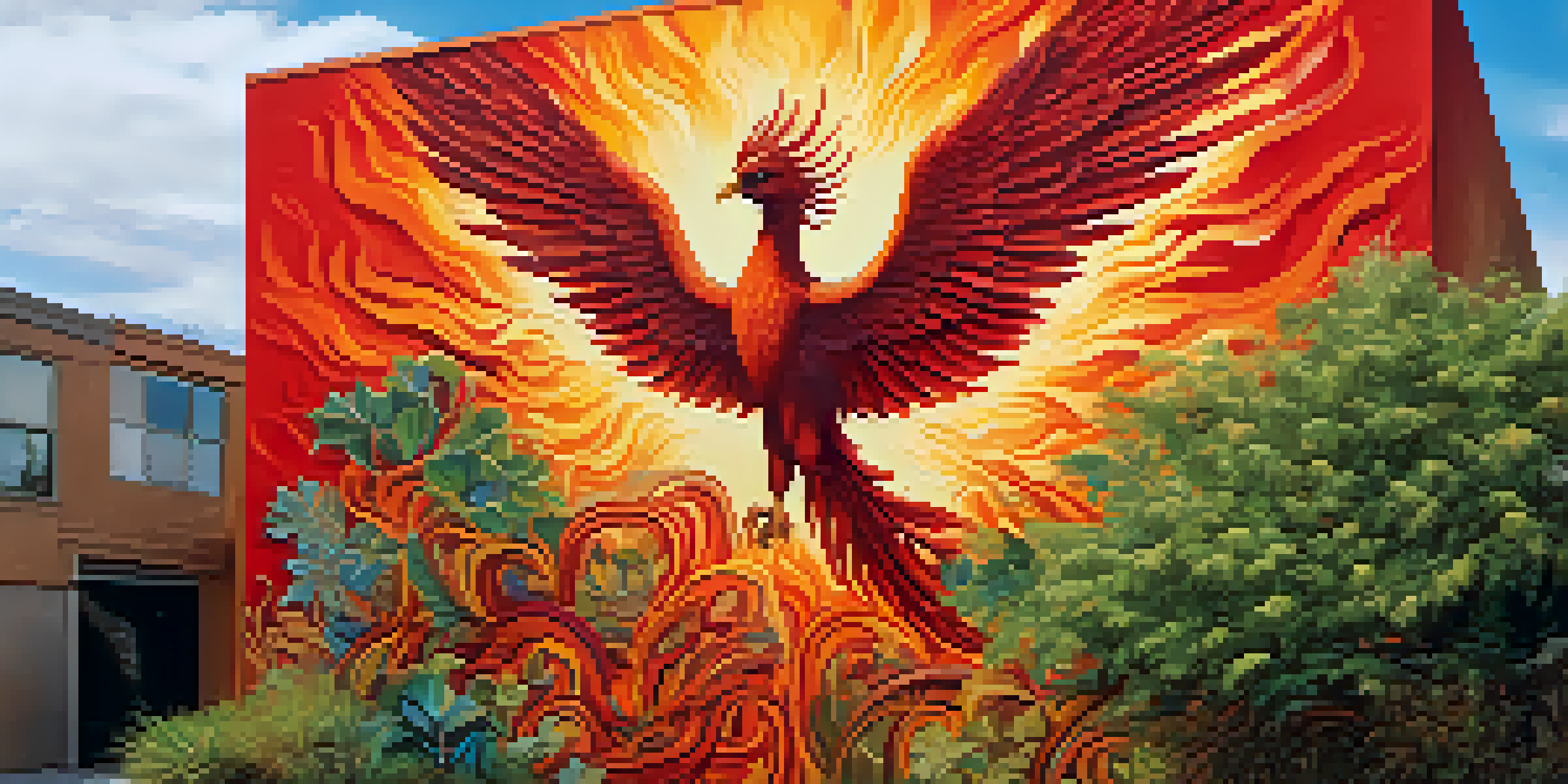 A colorful mural of a phoenix rising from the ashes on an urban wall, surrounded by greenery and bathed in sunlight.