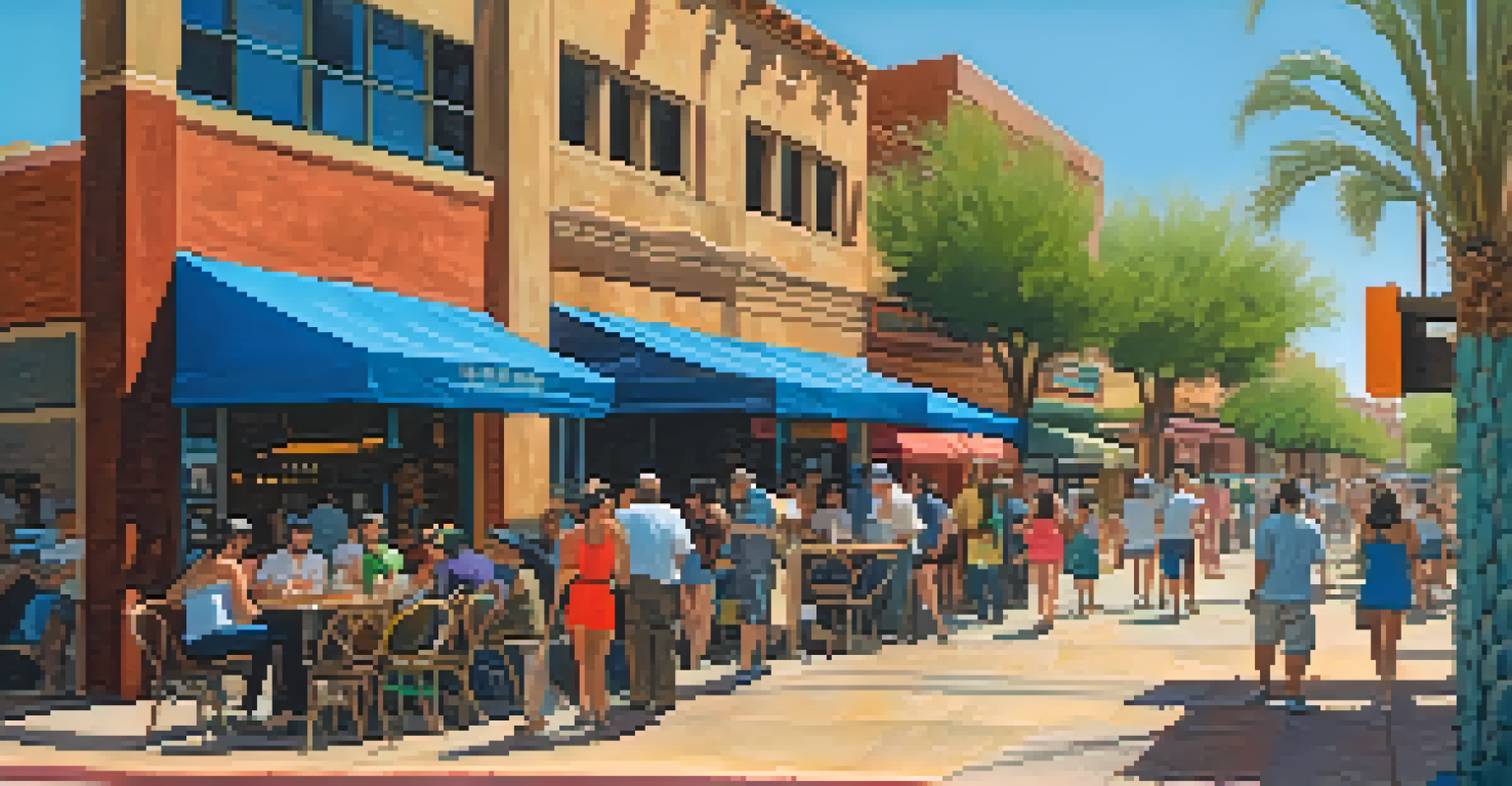 A lively street scene in downtown Phoenix on a hot summer day, with people enjoying outdoor cafes under a blue sky.