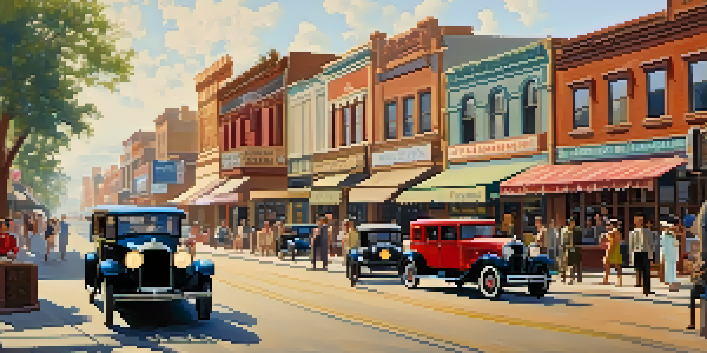 A vibrant street scene in Phoenix during the 1920s, featuring vintage cars, storefronts, and pedestrians.