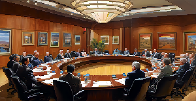 A lively city council meeting in Phoenix with the Mayor and council members discussing around a conference table, bright natural light in the room.