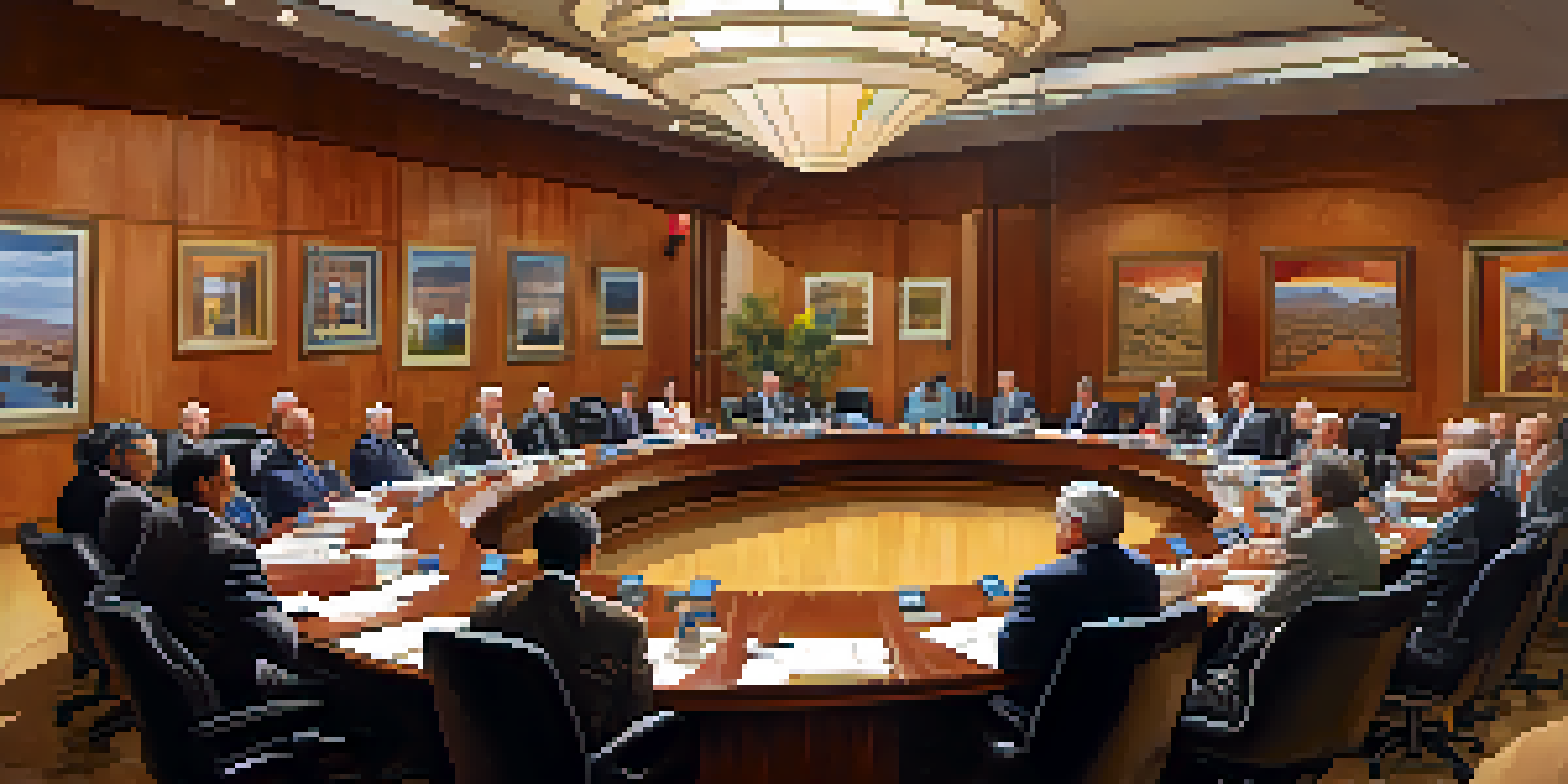 A lively city council meeting in Phoenix with the Mayor and council members discussing around a conference table, bright natural light in the room.