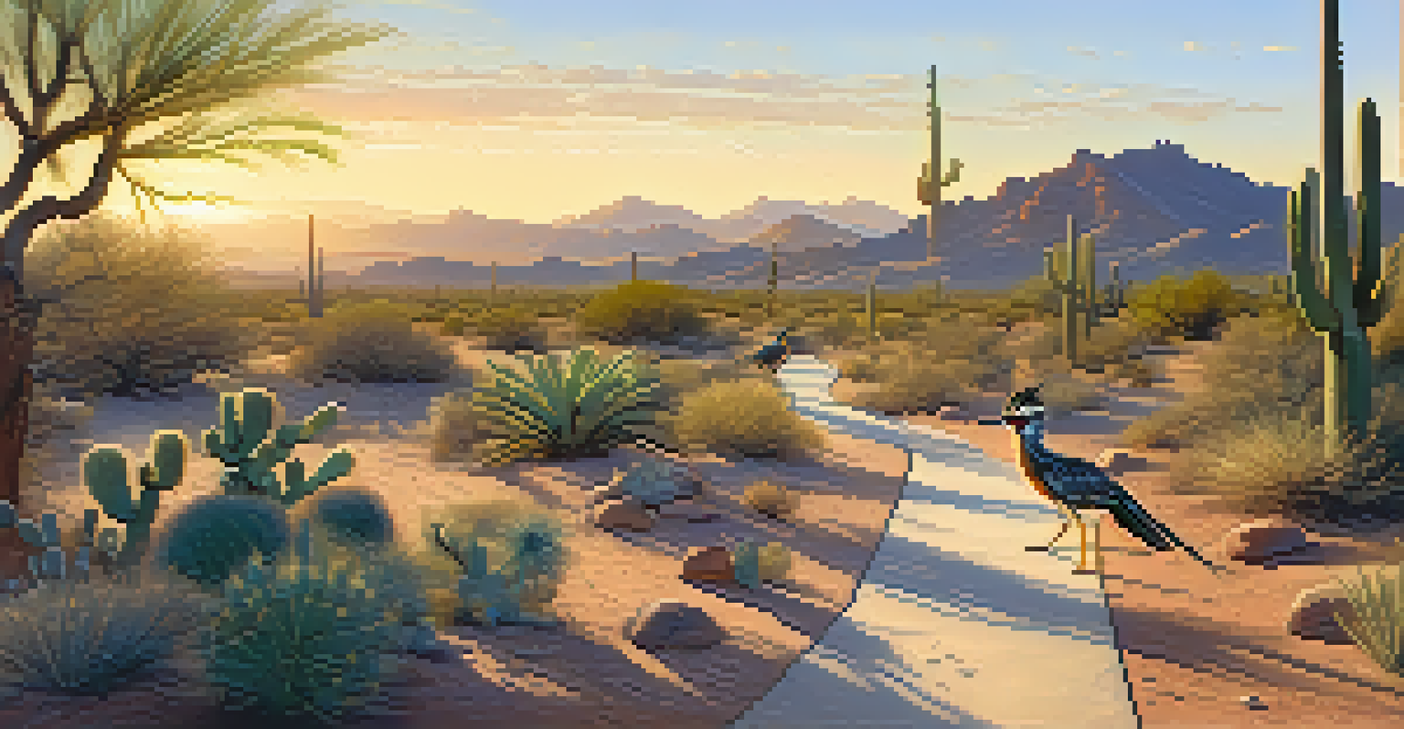 A tranquil desert path at dawn with cacti and desert plants, illuminated by golden light, and roadrunners in the distance.