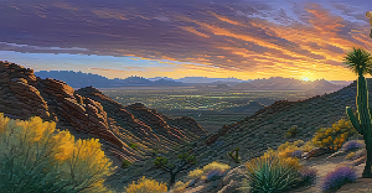 A sunset view from Vista Lookout at the Phoenix Mountain Preserve, featuring vibrant colors in the sky and a hiker taking photos.