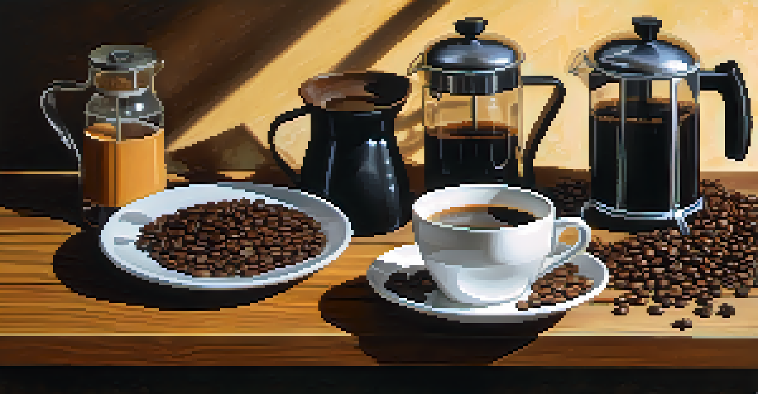 Coffee beans and brewing equipment beautifully arranged on a wooden table with sunlight illuminating the scene.