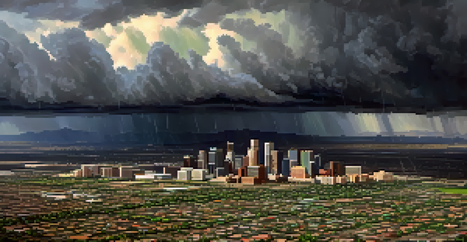 An aerial view of Phoenix with dark clouds and rain during monsoon season, showing a mix of urban and green landscapes.