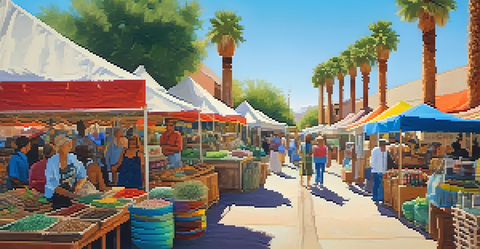 A lively market scene in Phoenix with artisans displaying handmade goods and colorful stalls amidst a sunny landscape with cacti and palm trees.