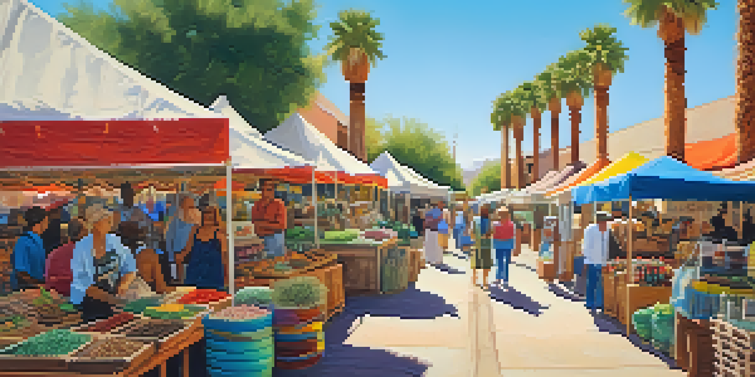 A lively market scene in Phoenix with artisans displaying handmade goods and colorful stalls amidst a sunny landscape with cacti and palm trees.