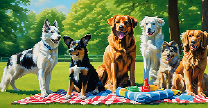 A lively park filled with different breeds of dogs playing together while their owners chat on picnic blankets under a clear blue sky.