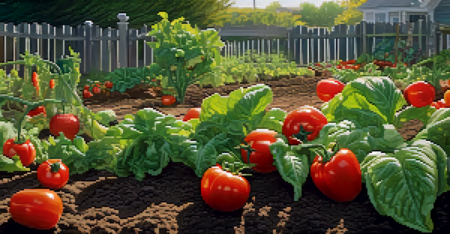 Close-up of a vegetable patch in a community garden showing ripe tomatoes, lettuce, and peppers with morning dew.