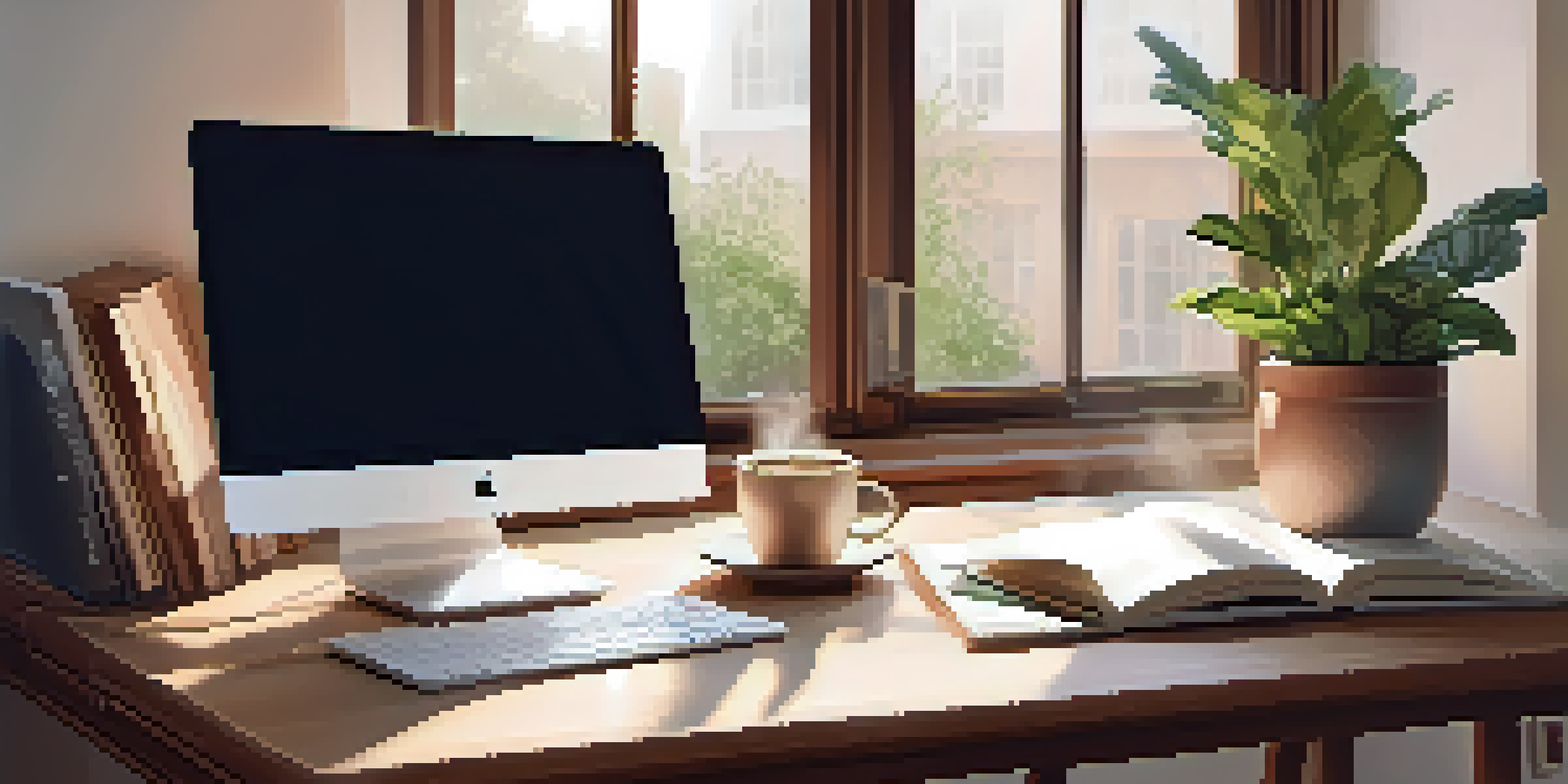 A cozy study area with a desk, laptop, coffee cup, plants, and books, illuminated by natural light.