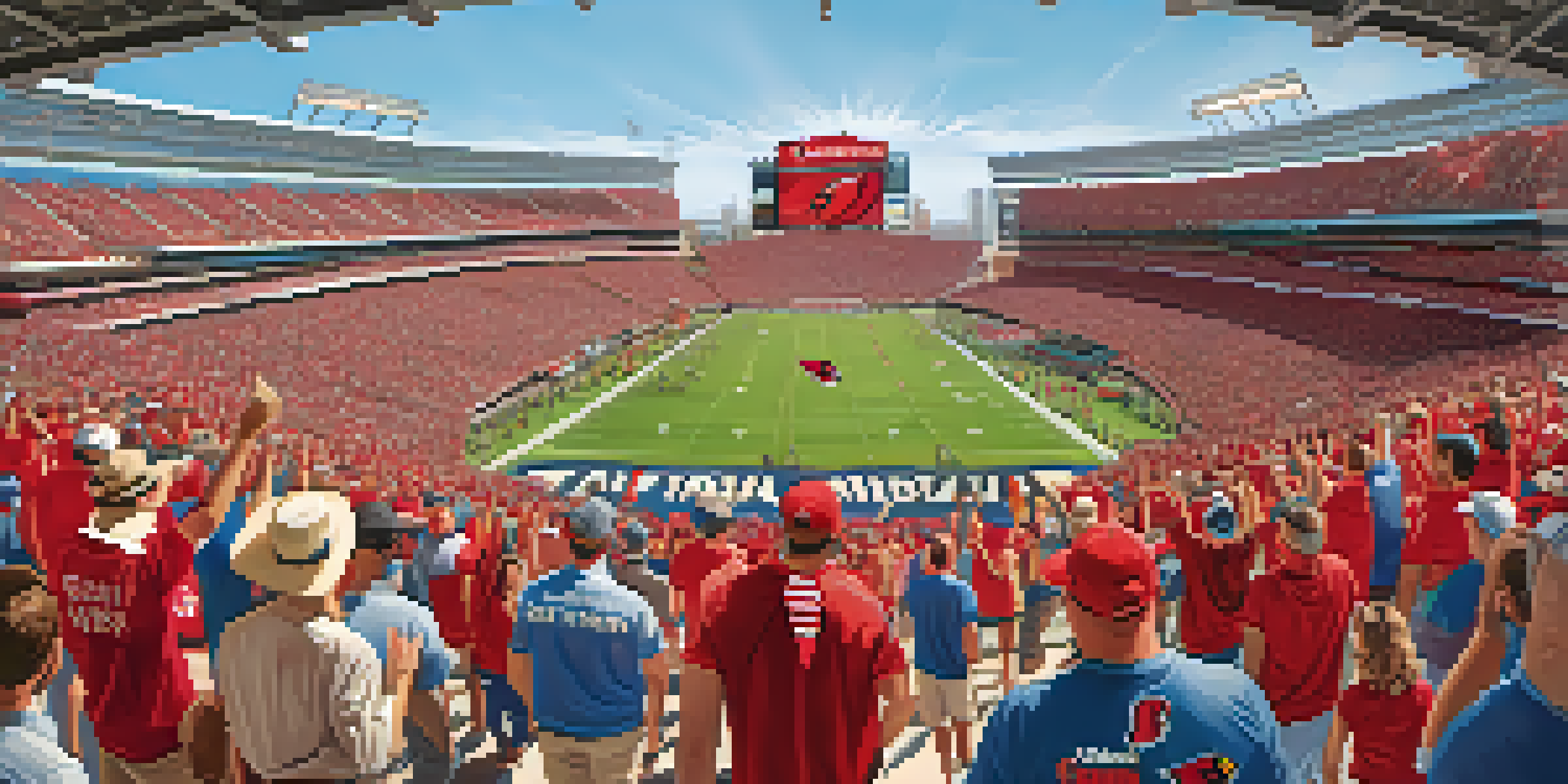 A lively game day atmosphere at State Farm Stadium with enthusiastic fans cheering for the Arizona Cardinals, surrounded by colorful banners and a clear blue sky.