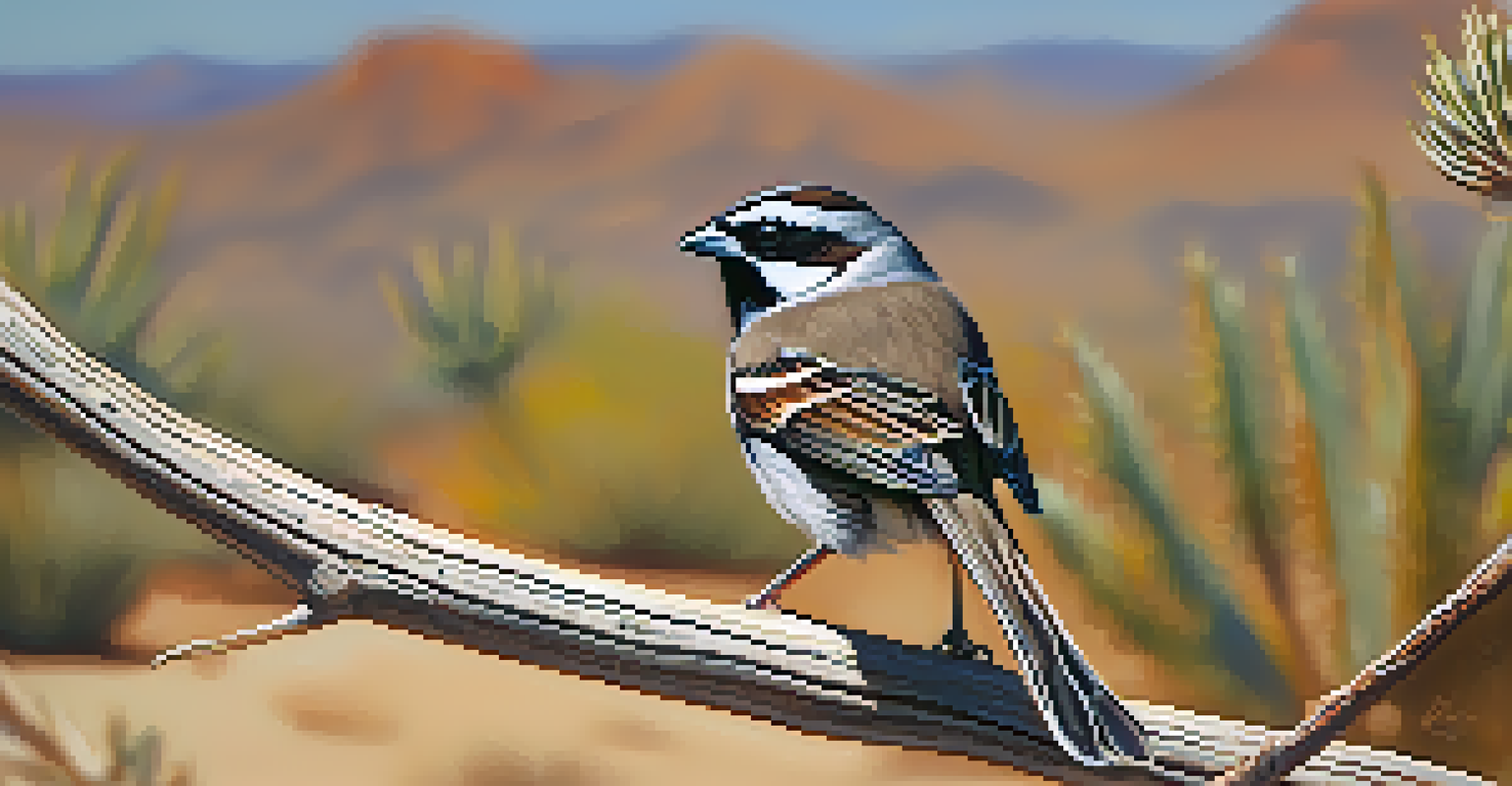 A black-throated sparrow perched on a branch in the desert, with sunlight highlighting its feathers against a blurred desert background.