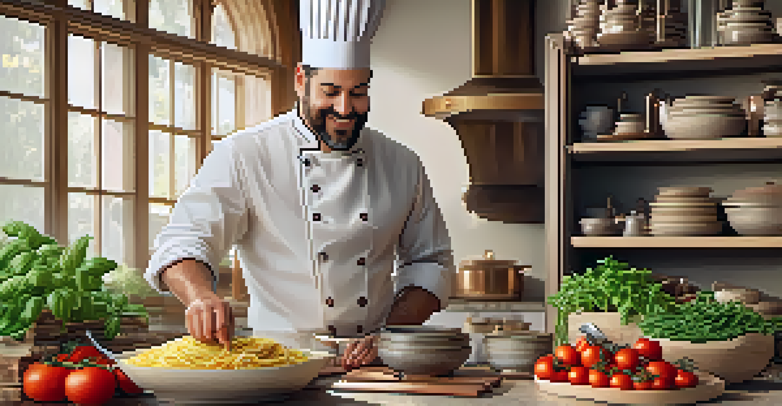 A cozy kitchen with an Italian-themed table set up, showcasing delicious pasta dishes and a smiling chef holding a wooden spoon.