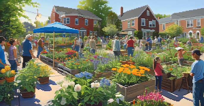 A lively community garden with volunteers planting and chatting, surrounded by colorful flowers and plants under a sunny sky.