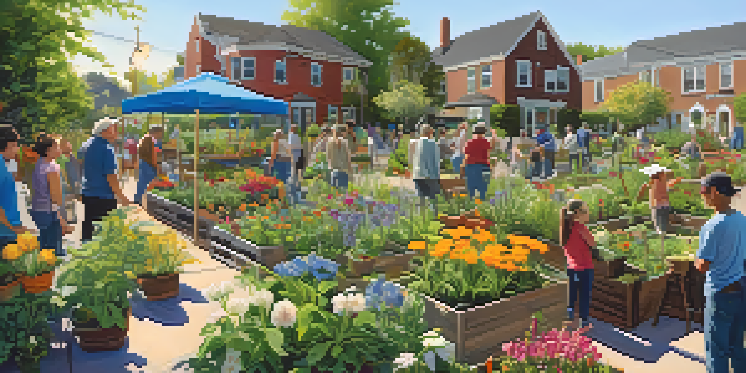 A lively community garden with volunteers planting and chatting, surrounded by colorful flowers and plants under a sunny sky.
