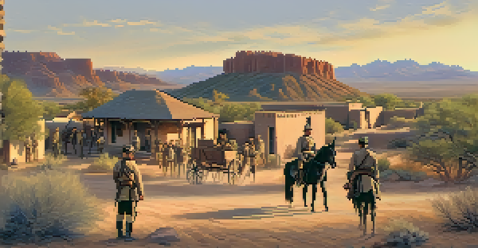 A historical depiction of Fort McDowell with soldiers and families in the 1860s, surrounded by Arizona landscapes at sunset.