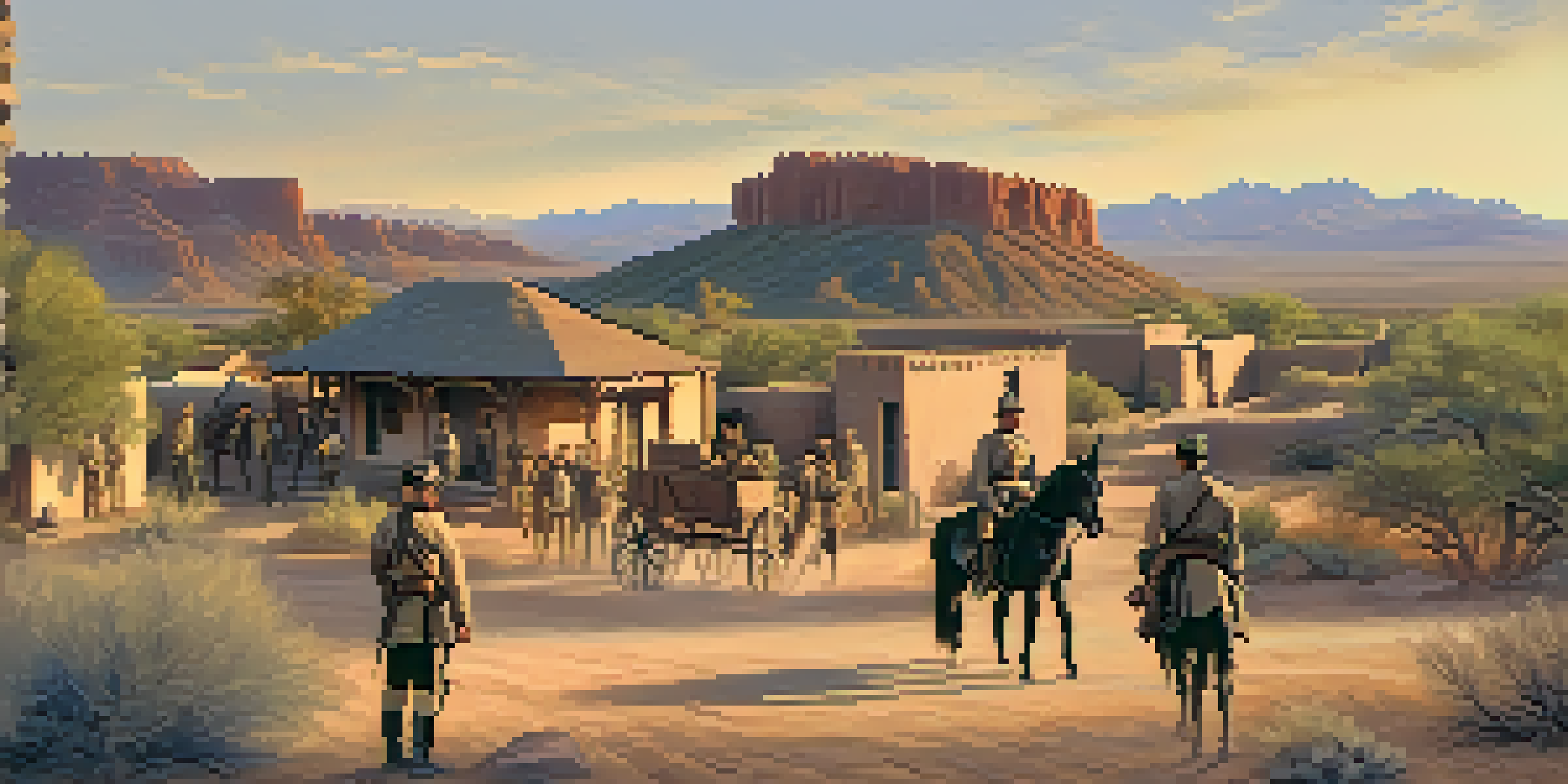 A historical depiction of Fort McDowell with soldiers and families in the 1860s, surrounded by Arizona landscapes at sunset.