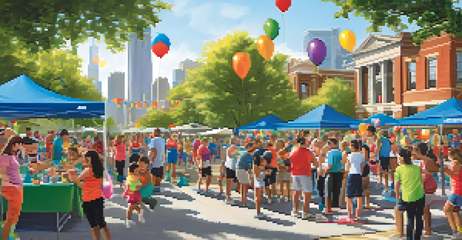 A vibrant community fitness fair in a downtown urban park, featuring booths, fitness classes, and families enjoying healthy snacks.