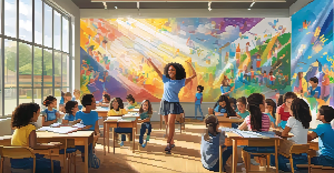 A lively classroom with students involved in artistic activities, including painting and music, with colorful artwork on the walls and sunlight filtering through windows.