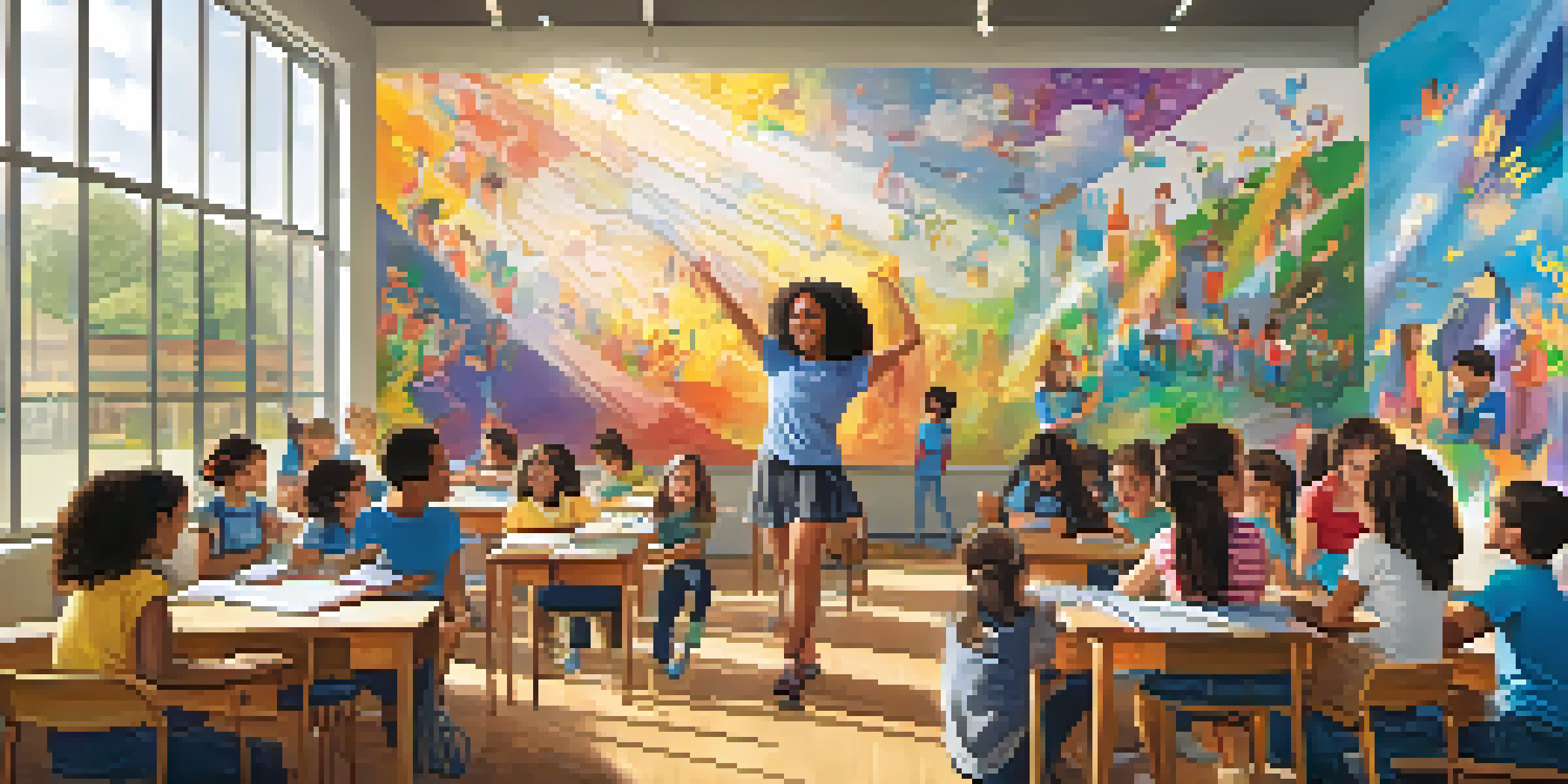 A lively classroom with students involved in artistic activities, including painting and music, with colorful artwork on the walls and sunlight filtering through windows.