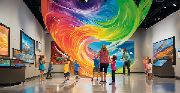 Families exploring interactive science exhibits at the Arizona Science Center, children simulating tornadoes with colorful displays.