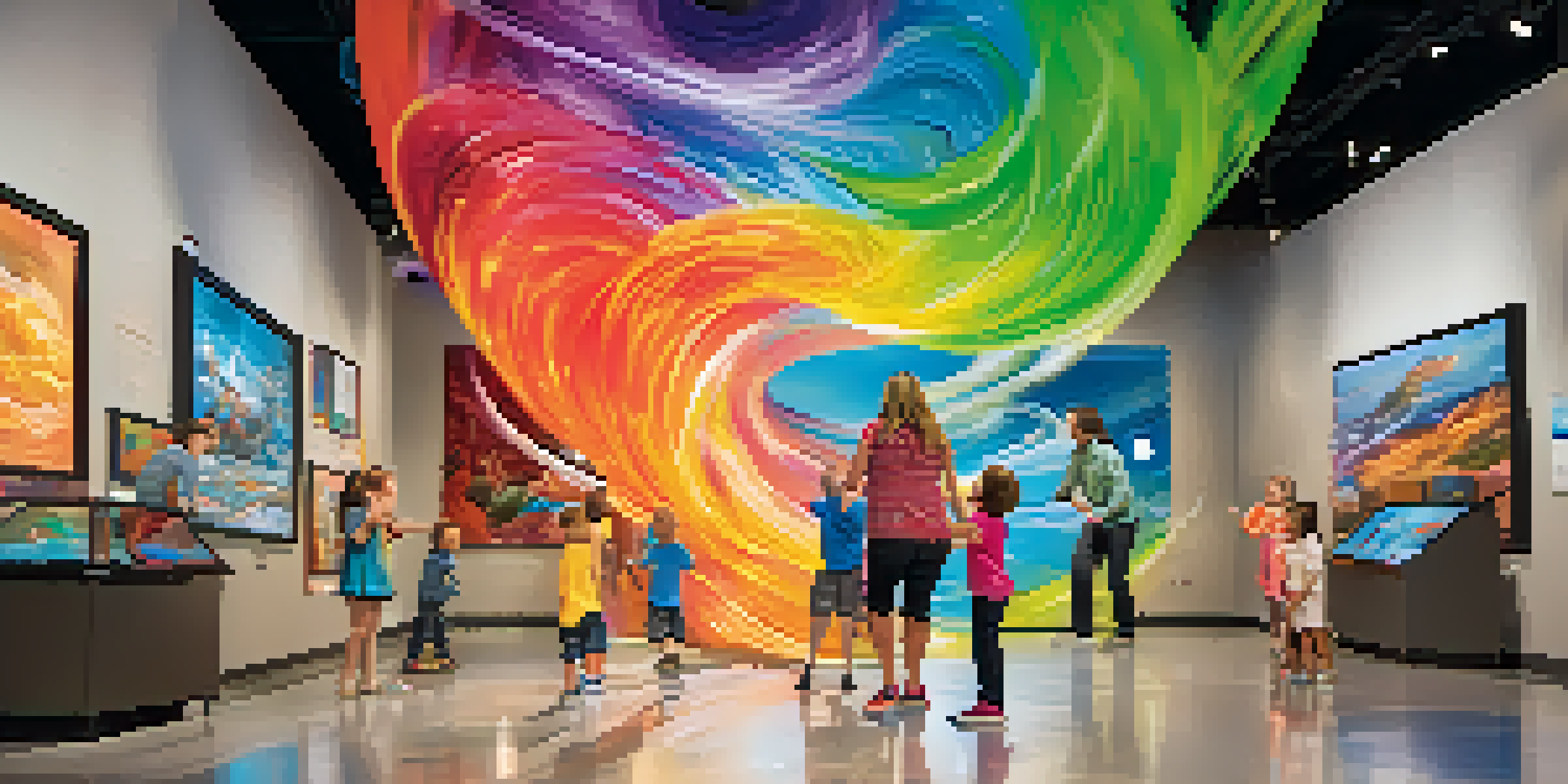Families exploring interactive science exhibits at the Arizona Science Center, children simulating tornadoes with colorful displays.