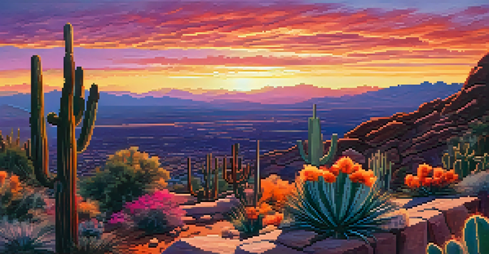 A sunset over the Phoenix desert, featuring vibrant colors in the sky and silhouetted cacti.