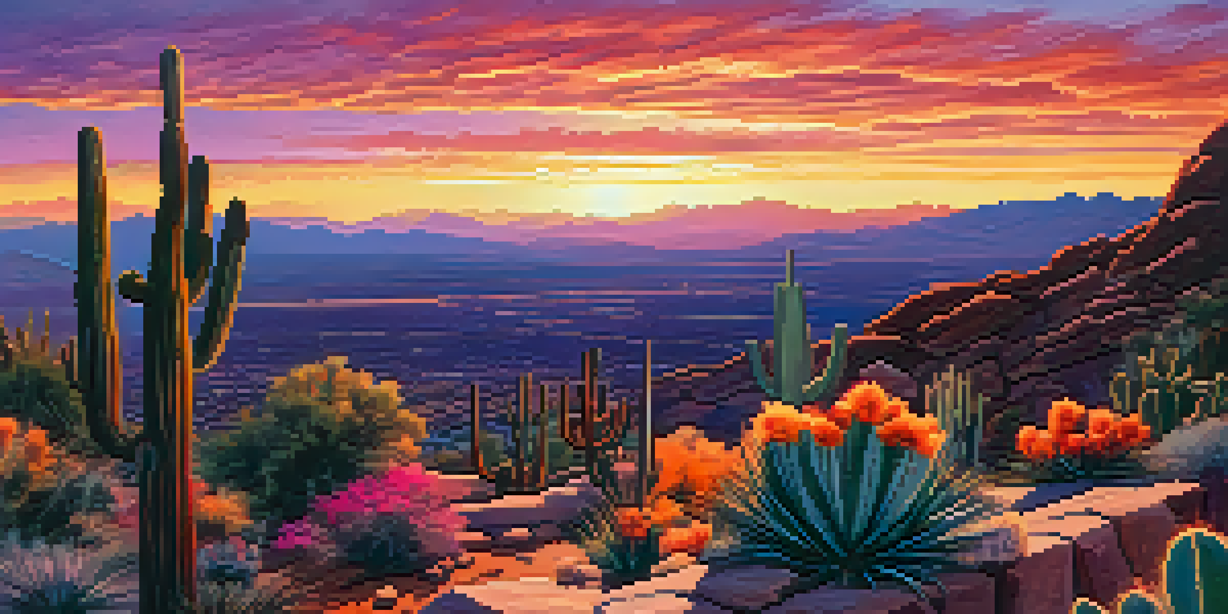 A sunset over the Phoenix desert, featuring vibrant colors in the sky and silhouetted cacti.