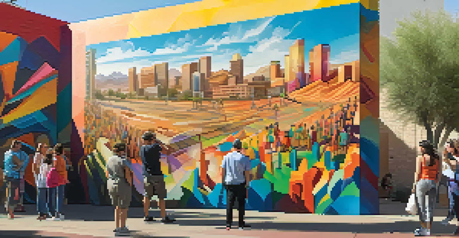 A large, colorful mural in Phoenix with people admiring it, set against a bright sunny day.