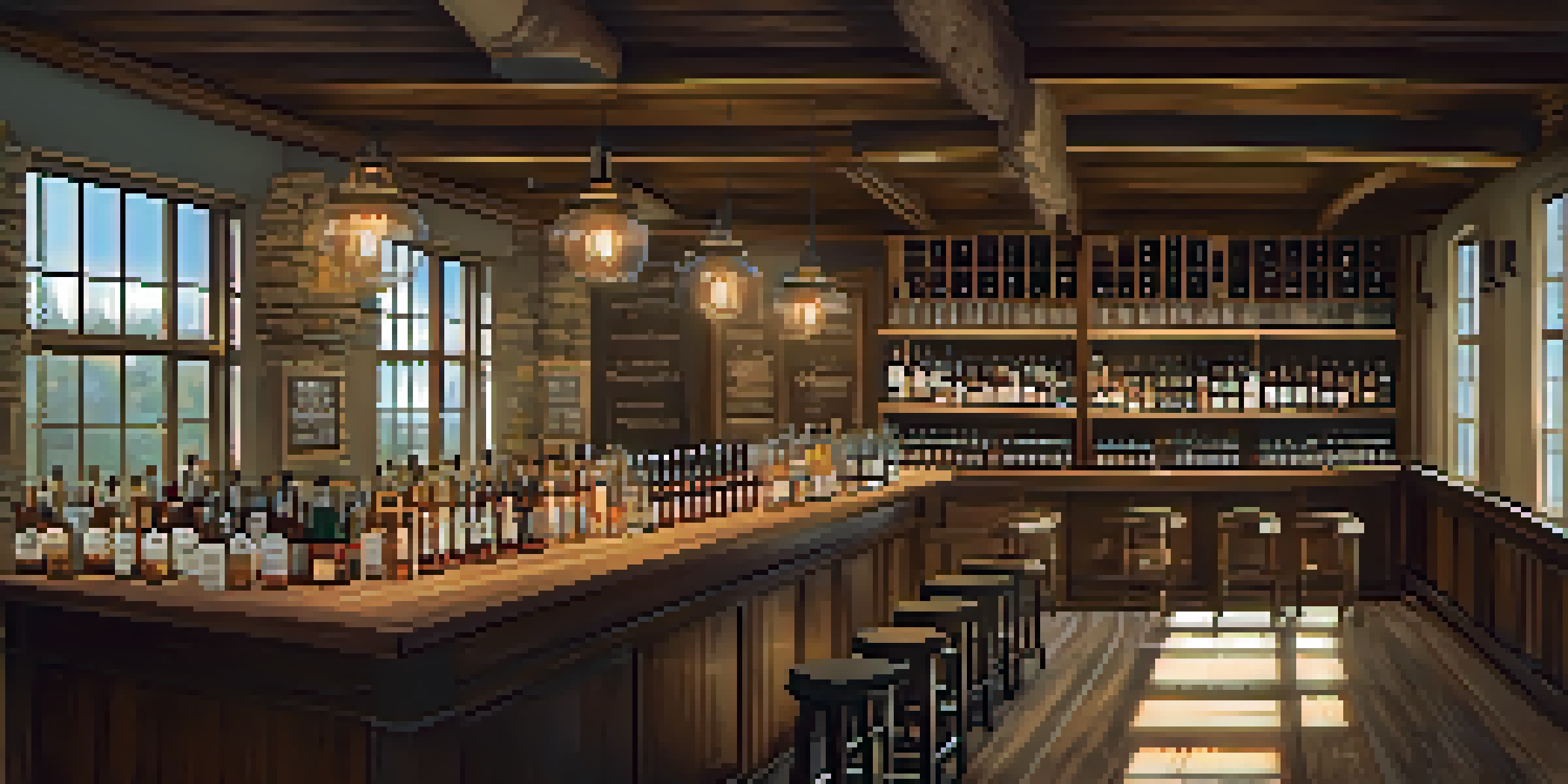 A warm and inviting tasting room in a distillery with rustic furniture and shelves of spirits.