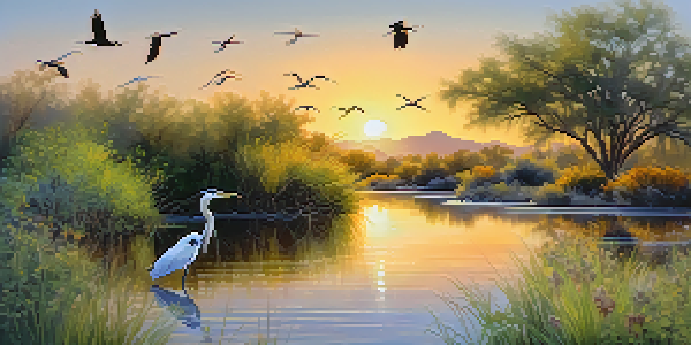 A tranquil morning at a wetland habitat with herons and egrets, surrounded by greenery and wildflowers under a golden sunrise.