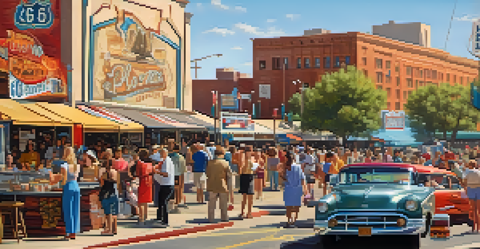 A vibrant festival in Phoenix celebrating Route 66, with colorful stalls and diverse visitors enjoying the event.