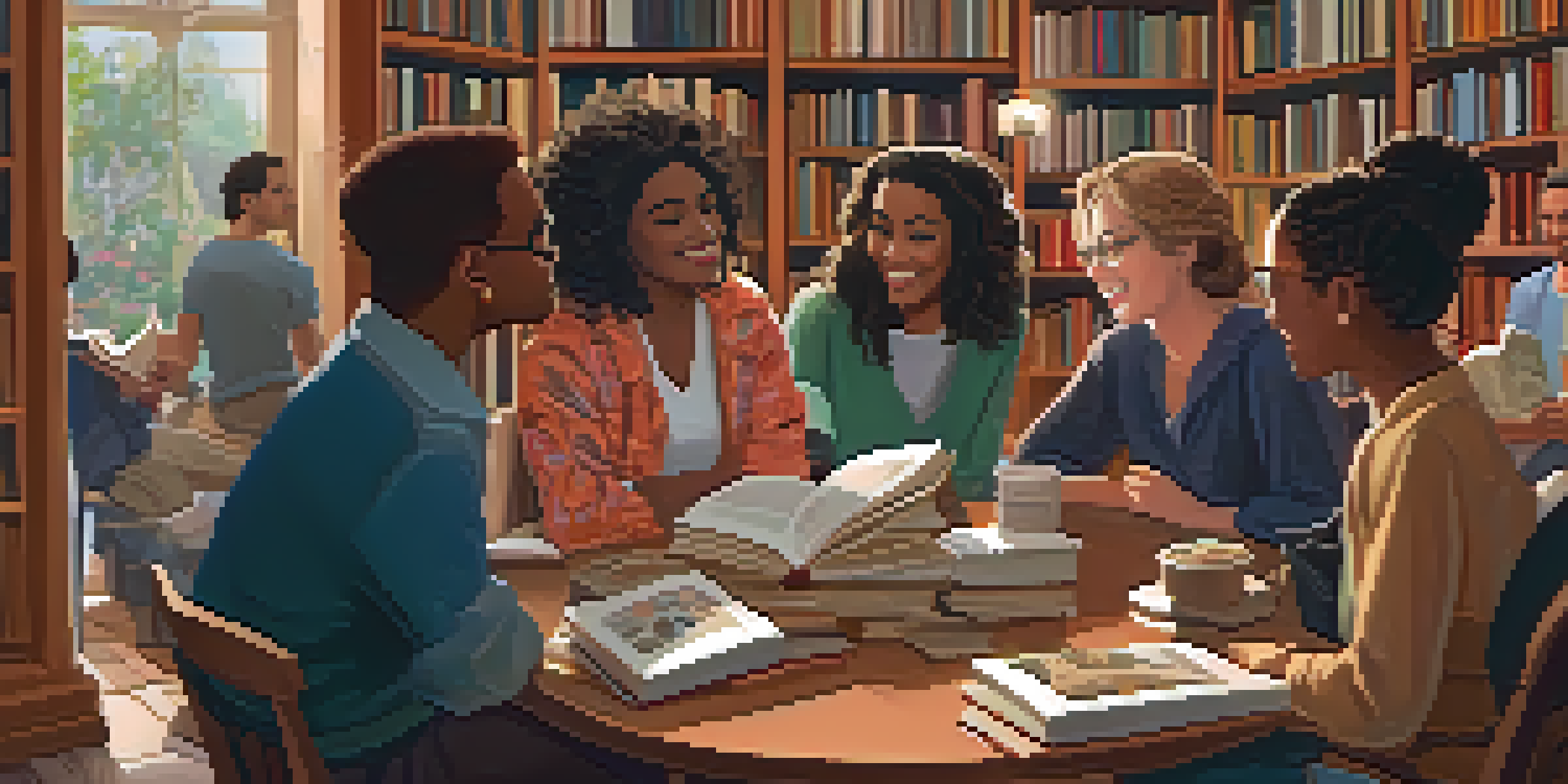 A dynamic book club meeting in a bookstore, with readers engaged in discussion around a table in a cozy corner.