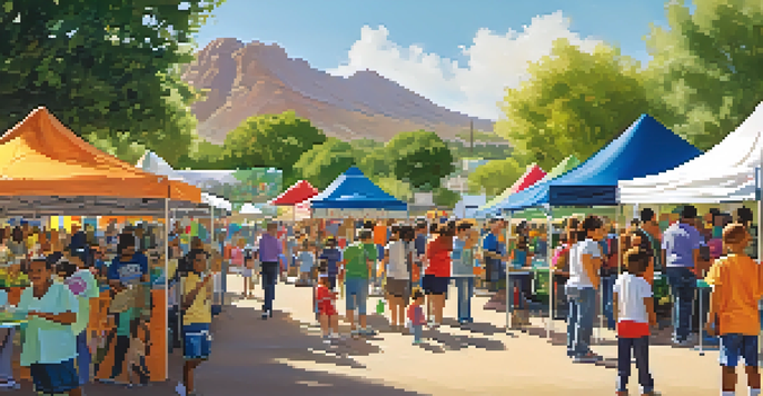 A lively community health fair in Phoenix with families engaging in activities related to health and wellness, including sports and cooking demonstrations.