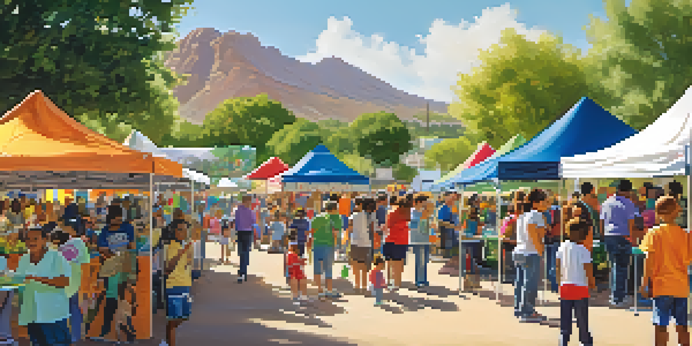 A lively community health fair in Phoenix with families engaging in activities related to health and wellness, including sports and cooking demonstrations.