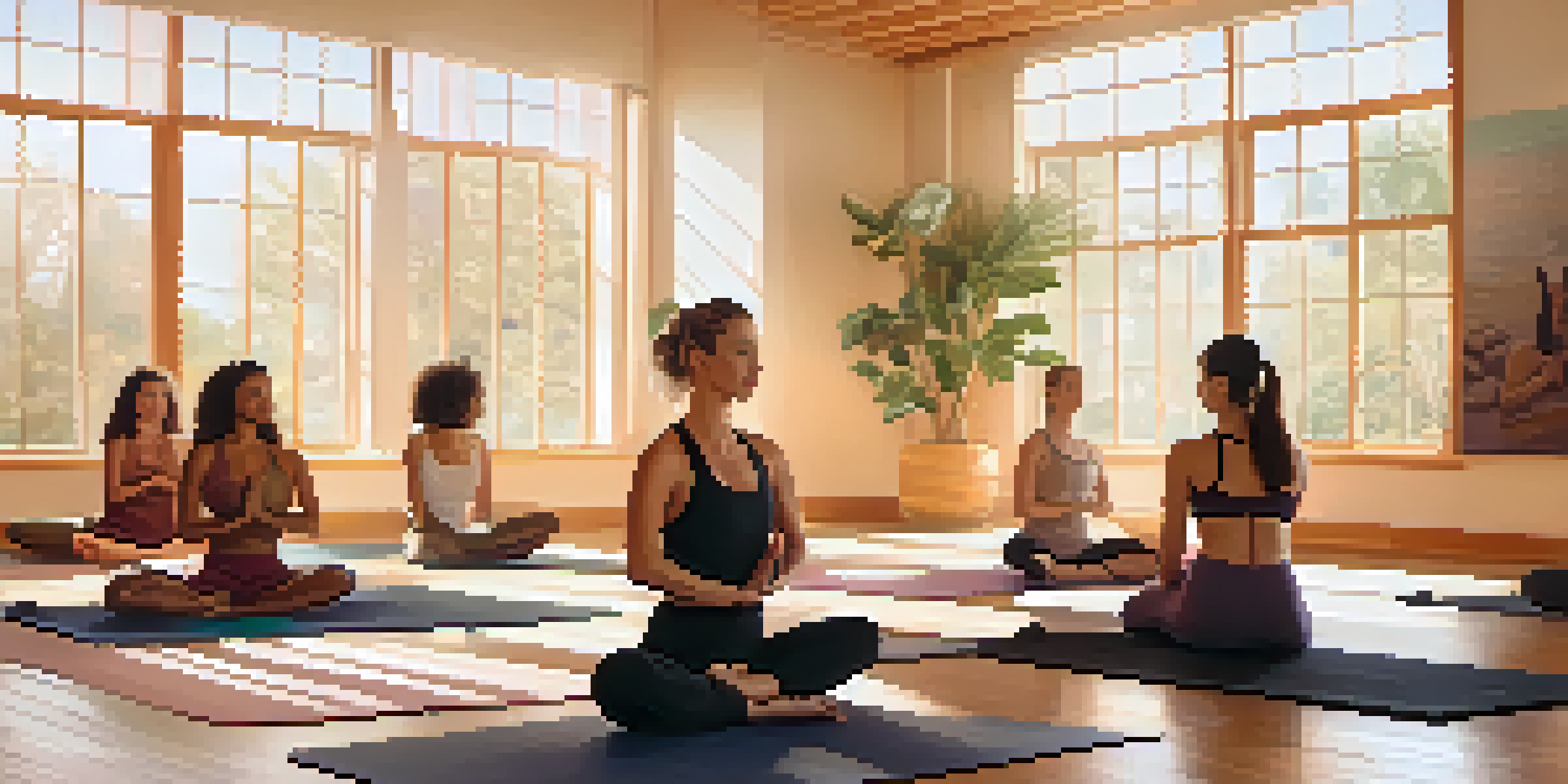 A serene hot yoga class with participants stretching in a sunlit studio, surrounded by warm lighting and calming decor.