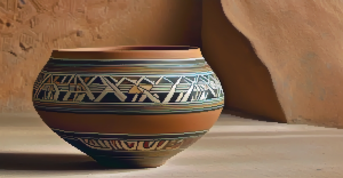 A close-up view of a colorful Hopi pottery piece with intricate designs, illuminated softly to emphasize its textures.